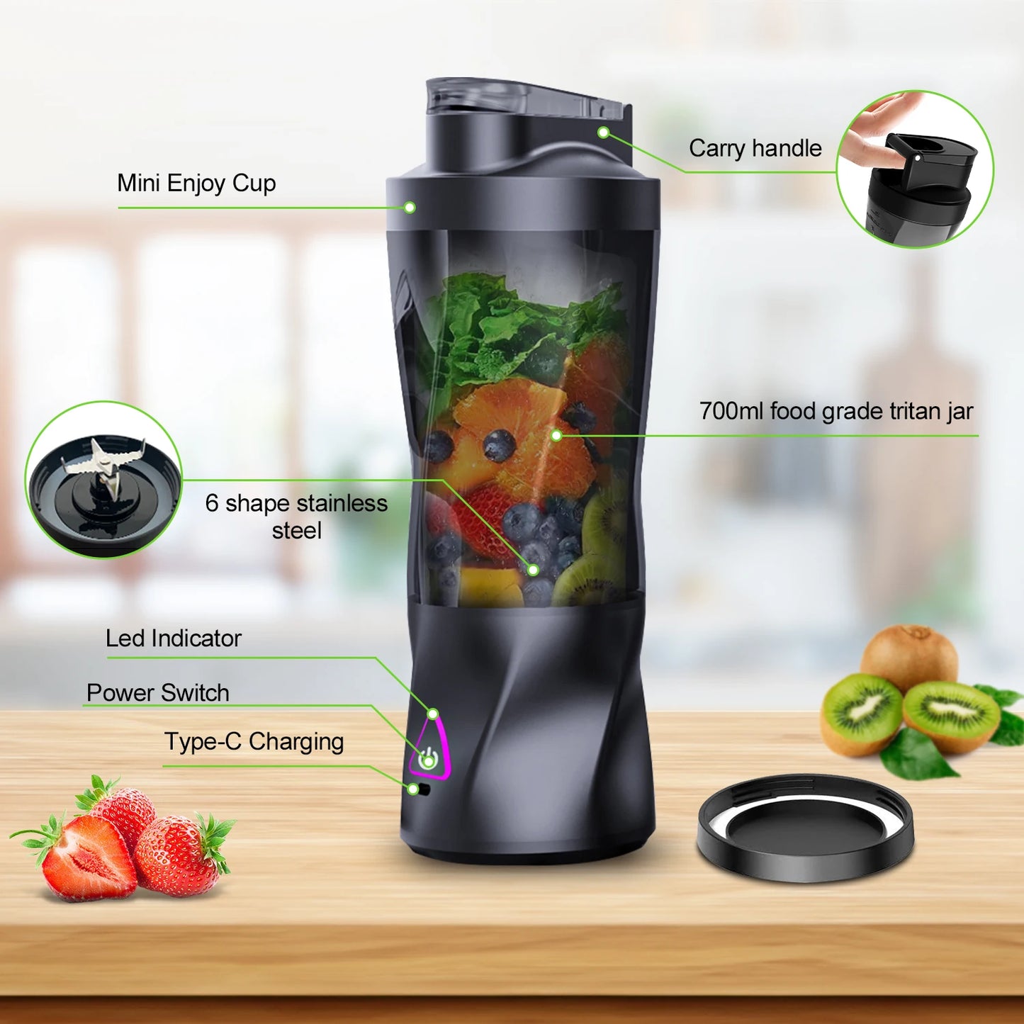 Electric Portable Juicer Fresh Fruit Mixer 700ML Multifunctional USB Rechargeable Shakes Smoothie Blender Outdoor Mixing Cup